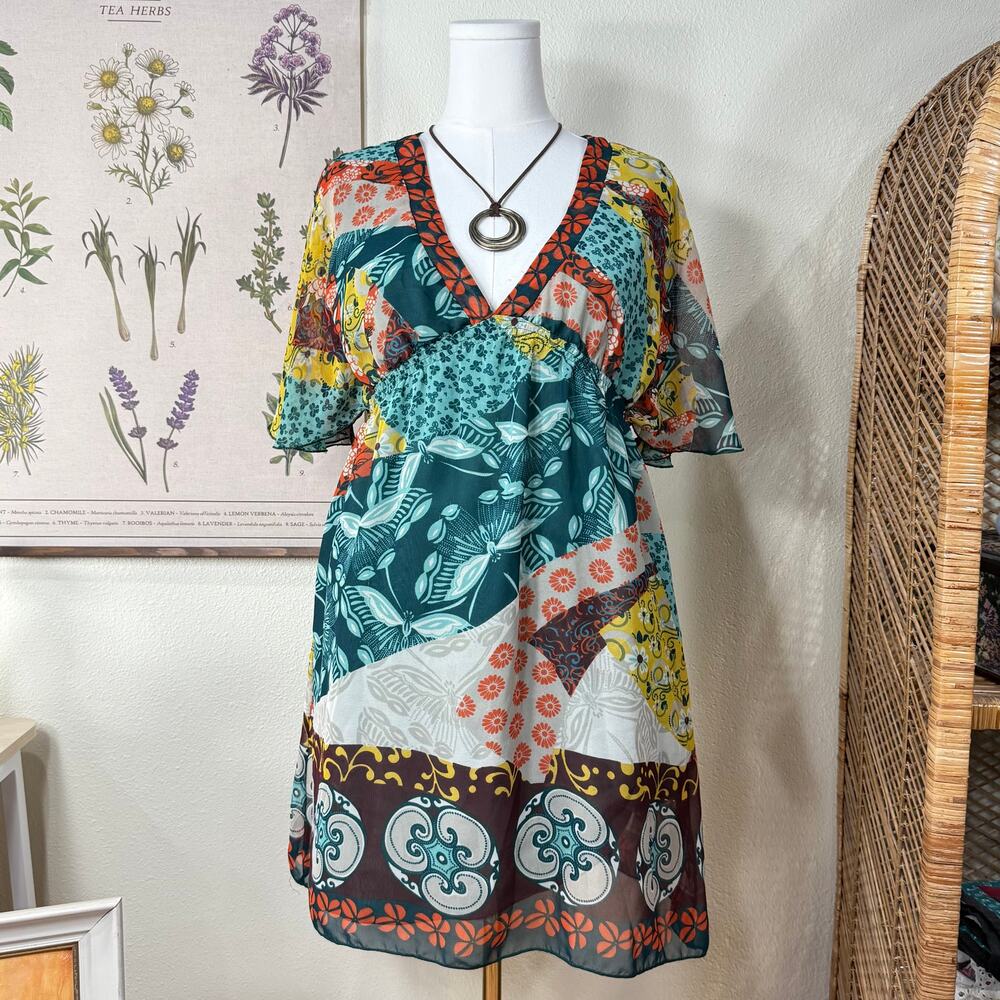 Y2k Patchwork Floral Butterfly Mini Babydoll Dress Boho Hippie Whimsy Fairy M